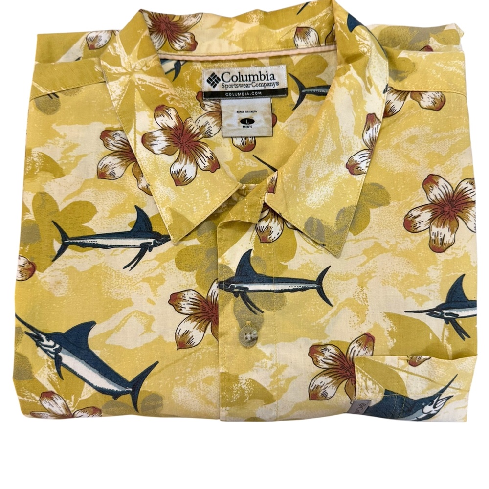Columbia Marlin Fish Print Yellow Cotton Short Sleeve Button Up Fishing Shirt L